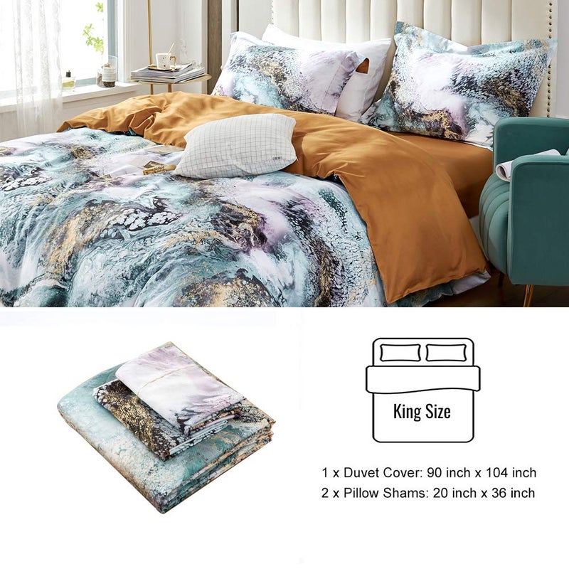 MILDLY 100% Long Staple Cotton Duvet Cover Set Green Golden Grey Mixed Marbling Pattern Printed Comforter Cover Set - Image 4